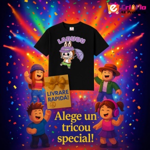 Tricou Labubu lucky umbrela, Unisex Dama si Barbat | Copii, Culoare Negru - Img 11