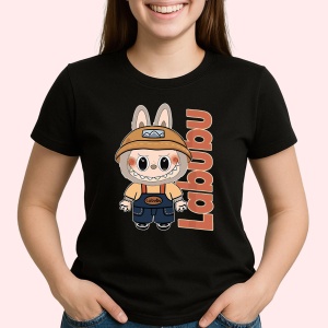 Tricou Labubu palarie portocalie, Unisex Dama si Barbat | Copii, Culoare Negru