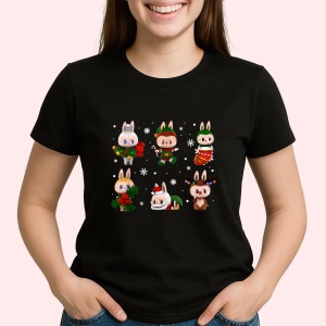 Tricou Labubu reni festivi, Unisex Dama si Barbat | Copii, Culoare Negru