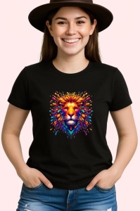 Tricou Leu artistic cu coama curcubeu fundal alb Copii | Dama | Barbat, culoare negru - Img 3