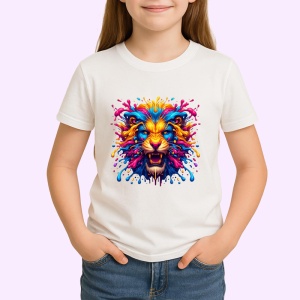 Tricou Leu auriu cu coama suflata de vant fundal alb Copii | Dama | Barbat - Img 4
