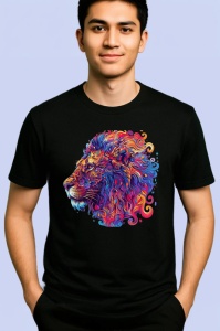 Tricou Leu in stil pictura digitala cu linii abstracte Copii | Dama | Barbat, culoare negru - Img 2