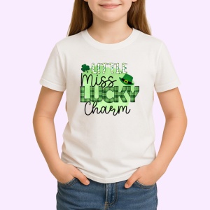 Tricou Little Miss Lucky Charm Text Verde Trifoi, din bumbac 100% , tricou alb pentru Copii | Dama | Barbat