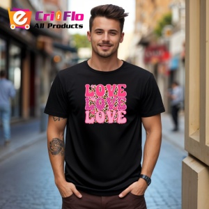 Tricou Love Love Love Text Roz Pattern Inimi V1, din bumbac 100%, tricou negru Copii | Dama | Barbat - Img 5