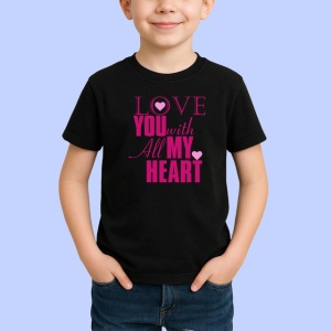 Tricou Love You With All My Heart Mesaj Roz, din bumbac 100%, tricou negru Copii | Dama | Barbat