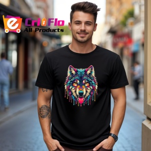 Tricou Lup realist cu efecte multicolore si limba scoasa Copii | Dama | Barbat, culoare negru - Img 5