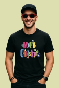 Tricou Merry Christmas Text Colorat, din bumbac 100%, tricou negru, Dama | Barbat - Img 2
