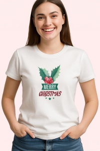 Tricou Merry Christmas Verde Clasic, din bumbac 100%, tricou alb, Dama | Barbat - Img 2