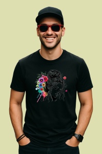 Tricou Messy bun girl color floral splash, fata coc lejer cu flori colorate, Copii | Dama | Barbat , tricou negru - Img 3