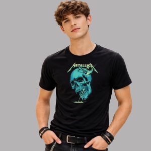 Tricou Metallica Craniu Albastru Electric, din bumbac 100%, tricou negru, Dama | Barbat - Img 2