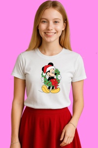 Tricou Mickey Cu Coronita Rosie Craciun, din bumbac 100% Copii | Dama | Barbat