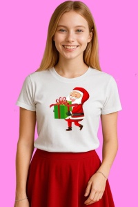 Tricou Mos Craciun Cu Cadou Verde Mare, din bumbac 100%, tricou alb, Copii | Dama | Barbat