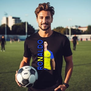 Tânăr purtând un tricou negru personalizat cu imaginea fotbalistului Ronaldo și text vertical albastru cu numele 'Ronaldo', ținând o minge de fotbal pe un teren de joc.
