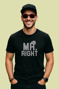 Tricou Mr Right Palarie Si Text Minimalist Negru, din bumbac 100%, tricou negru Barbat - Img 2