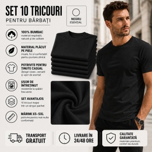 Tricou negru clasic barbat Set 10 tricouri Negre din bumbac 100%, Perfecte pentru Orice Ocazie - Img 6
