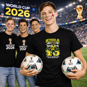 Tricou Neymar Jr Brazil World Cup Fifa 2026, din bumbac 100%, tricou negru, Copii | Dama | Barbat - Img 7