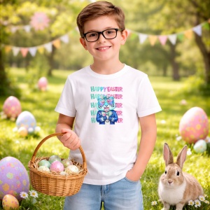 Tricou Paste Bunny Cool Ochelari Happy Easter Aesthetic, din bumbac 100%, tricou alb, Copii | Dama | Barbat - Img 7