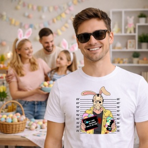 Tricou Paste Bunny Horror Mugshot Funny Easter Parody Style, din bumbac 100%, tricou alb, Copii | Dama | Barbat - Img 7