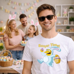 Tricou Paste Easter Time Iepuras Alergand Cos Oua Colorate, din bumbac 100%, tricou alb, Copii | Dama | Barbat - Img 7