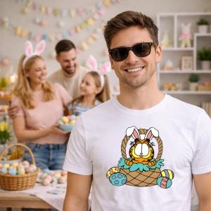 Tricou Paste Garfield Paste Cos Oua Colorate Iepuras, din bumbac 100%, tricou alb, Copii | Dama | Barbat - Img 7