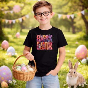 Tricou Paste Happy Easter Text Colorat Bubble Pastel, din bumbac 100%, tricou negru, Copii | Dama | Barbat - Img 5