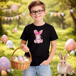 Tricou Paste Iepuras Colorat Artistic Cu Inima Pastel Cute, din bumbac 100%, tricou negru, Copii | Dama | Barbat - Img 5