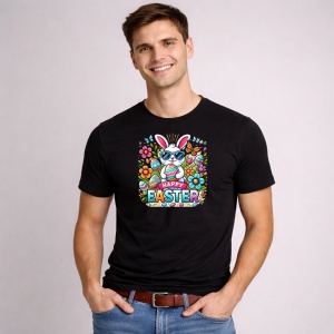 Tricou Paste Iepuras Cu Ochelari Flori Happy Easter Colorat, din bumbac 100%, tricou negru, Copii | Dama | Barbat - Img 3