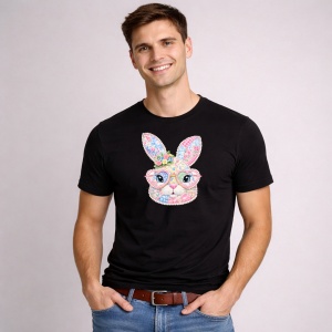 Tricou Paste Iepuras Cu Ochelari Fundita Floral Pastel Cute, din bumbac 100%, tricou negru, Copii | Dama | Barbat - Img 2