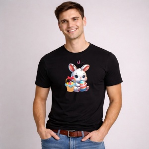 Tricou Paste Iepuras Paste Cos Oua Colorate Simplu Dragut, din bumbac 100%, tricou negru, Copii | Dama | Barbat - Img 2