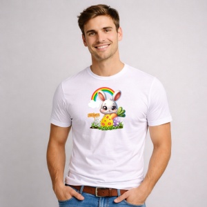 Tricou Paste Iepuras Paste Ou Colorat Curcubeu Decorativ, din bumbac 100%, tricou alb, Copii | Dama | Barbat - Img 1