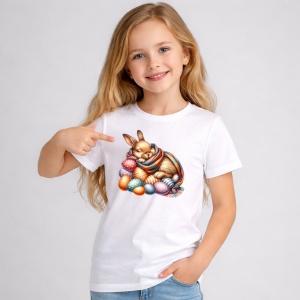 Tricou Paste Iepuras Paste Oua Colorate Cos Somnoros, din bumbac 100%, tricou alb, Copii | Dama | Barbat - Img 2