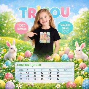 Tricou Paste Kpop Girls Iepurasi Oua Colorate Pastel, din bumbac 100%, tricou negru, Copii | Dama | Barbat - Img 4
