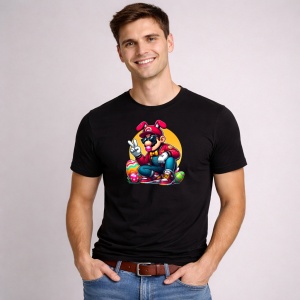 Tricou Paste Mario Street Style Iepuras Paste Oua Colorate, din bumbac 100%, tricou negru, Copii | Dama | Barbat - Img 2