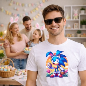 Tricou Paste Sonic Iepuras Paste Oua Colorate, din bumbac 100%, tricou alb, Copii | Dama | Barbat - Img 7