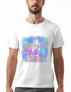 Bărbat purtând un tricou alb care aduce un omagiu retro horror, înfățișând o figură iconică a genului, cu o estetică vibrantă și plină de viață. Designul include o temă horror, cu elemente precum schelete, echipamente video și o atmosferă de neuitat. Este
