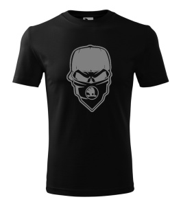 Tricou negru cu un design grafic simplu, reprezentând o mască stilizată și o față acoperită, imprimate în tonuri de gri