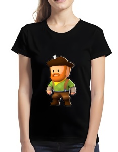 Tricou negru cu un design colorat care înfățișează un personaj stilizat din Stumble Guys cu barbă roșie, purtând o pălărie maro, un pulover verde cu model în carouri, bretele și pantaloni maro.