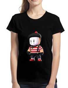 Tricou negru cu un design colorat care înfățișează un personaj stilizat din Stumble Guys îmbrăcat ca un mim, purtând o beretă neagră, un tricou cu dungi roșii și albe, bretele negre și pantofi roșii.