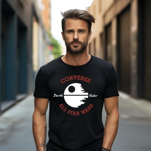 Bărbat elegant purtând un tricou negru imprimat cu un design inspirat din Star Wars, incluzând textul 'CONVERSE ALL STAR WARS' și o imagine stilizată a Death Star cu inscripțiile 'Darth' și 'Vader'. Se află pe o stradă urbană modernă, cu un fundal curat ș