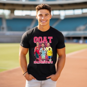 Bărbat purtând un tricou negru cu designul text 'GOAT' și portrete ale unor jucători de fotbal celebri, pozând pe pista unui stadion.