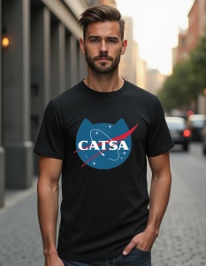 Un bărbat purtând un tricou negru cu un design parodic inspirat de logo-ul NASA, înlocuit cu cuvântul 'CATSA' și un simbol în formă de cap de pisică, sugerând o temă amuzantă legată de pisici și spațiu.