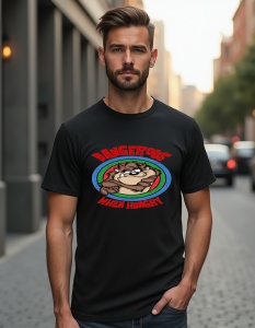 Un bărbat purtând un tricou negru cu un design ce prezintă personajul Taz, Diavolul Tasmanian, înconjurat de textul 'Dangerous When Hungry', sugerând un mesaj amuzant despre foame și personalitatea impulsivă a personajului.