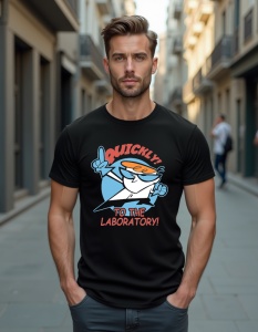 Un bărbat care poartă un tricou negru cu un design inspirat de personajul Dexter din desenele animate, care spune 'QUICKLY! TO THE LABORATORY!'