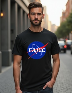 Un bărbat purtând un tricou negru cu un design parodic ce imită logo-ul NASA, dar în loc de 'NASA' apare cuvântul 'FAKE', sugerând o critică sau o satiră.