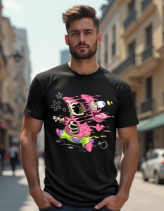 Un bărbat care poartă un tricou negru cu un design animat al unui personaj roz, asemănător unui extraterestru, cu un costum spațial, care aleargă și este învăluit în stropi de culoare și energie.