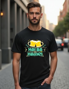 Un bărbat purtând un tricou negru cu un design colorat ce prezintă două halbe de bere ciocnite și textul 'Halba cu hamei' într-un stil vesel și festiv.