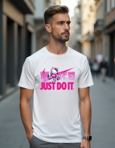 Bărbat purtând un tricou alb cu un design inspirat de Nike. Logo-ul "NIKE" este personalizat într-un stil roz vibrant, iar literele sunt acompaniate de un personaj animat cunoscut și adorat(Hello Kitty), adăugând o notă drăguță și jucăușă. Sub logo apare 