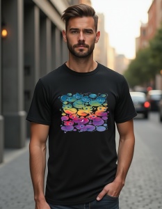 Un bărbat purtând un tricou negru cu un design colorat și abstract ce prezintă mai multe pisici stilizate în nuanțe de curcubeu, alături de ghemuri de lână.