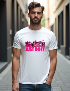 Bărbat îmbrăcat într-un tricou alb cu design Nike 'Just Do It' în roz, având personajul Minnie Mouse între literele cuvântului 'Nike', pe o alee urbană.