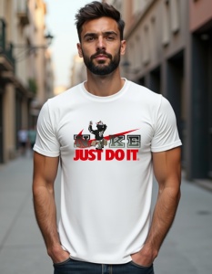 Bărbat purtând un tricou alb cu un design inspirat de Nike. Logo-ul "NIKE" este stilizat în culori închise, cu un efect de umbrire, iar sloganul "JUST DO IT" apare în roșu, sub logo. Deasupra logo-ului "NIKE" este prezent un personaj, înfățișat într-o poz